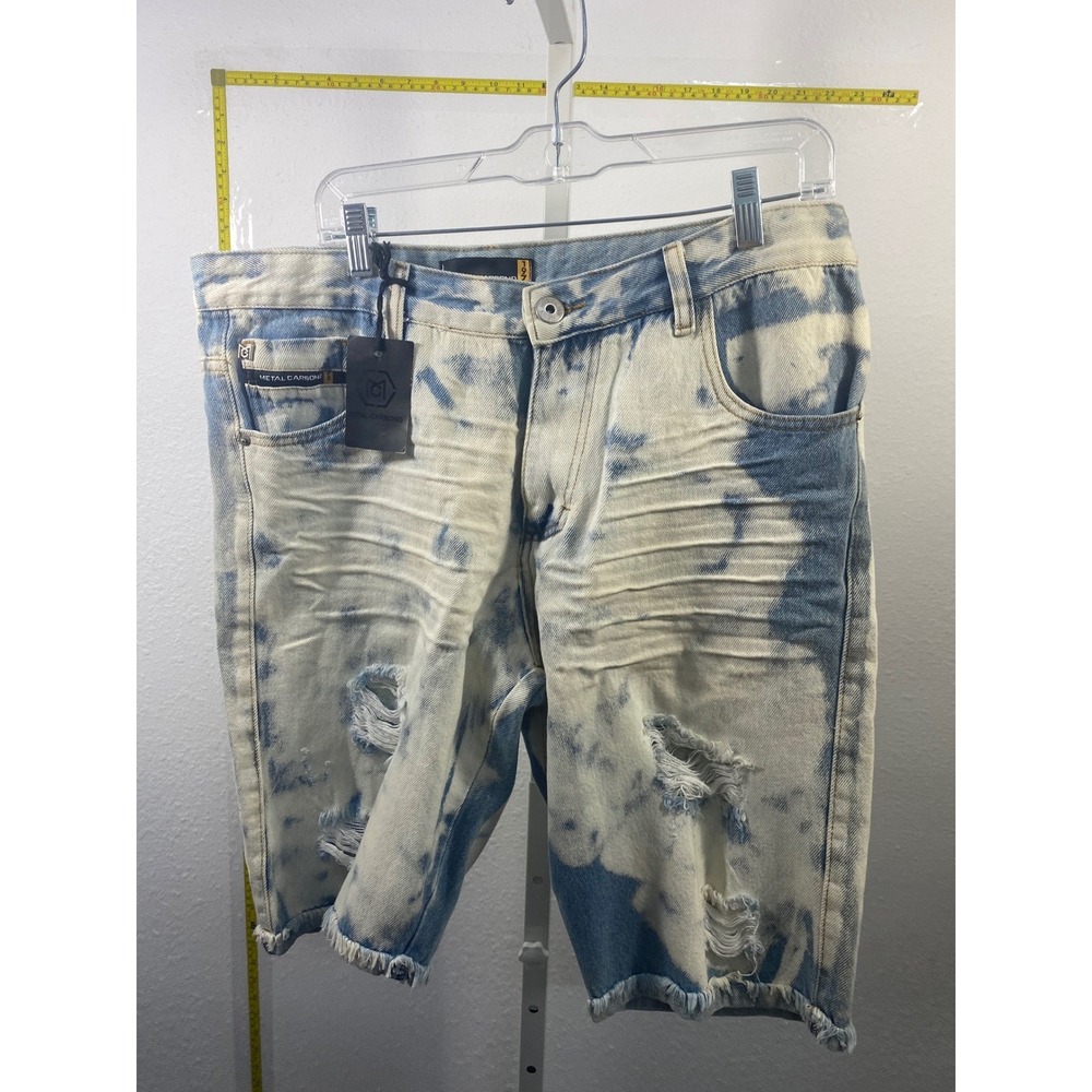 Metal Carbono 1975 Mens Acid Wash Distressed Denim Shorts Blue White NWT Size 44